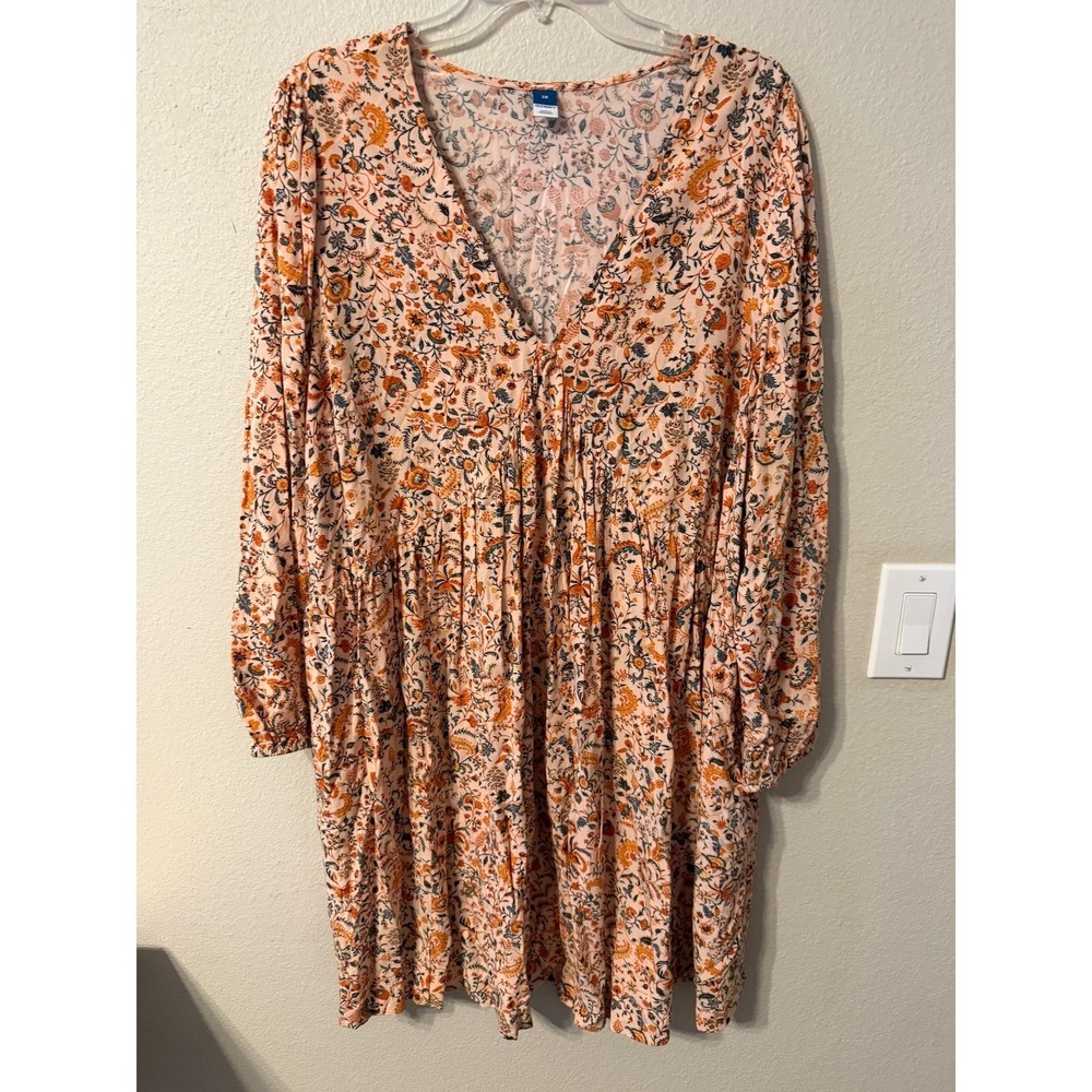 Old Navy Ladies Floral Print V Neck Midi Dress Long Sleeve Pink Orange 2X